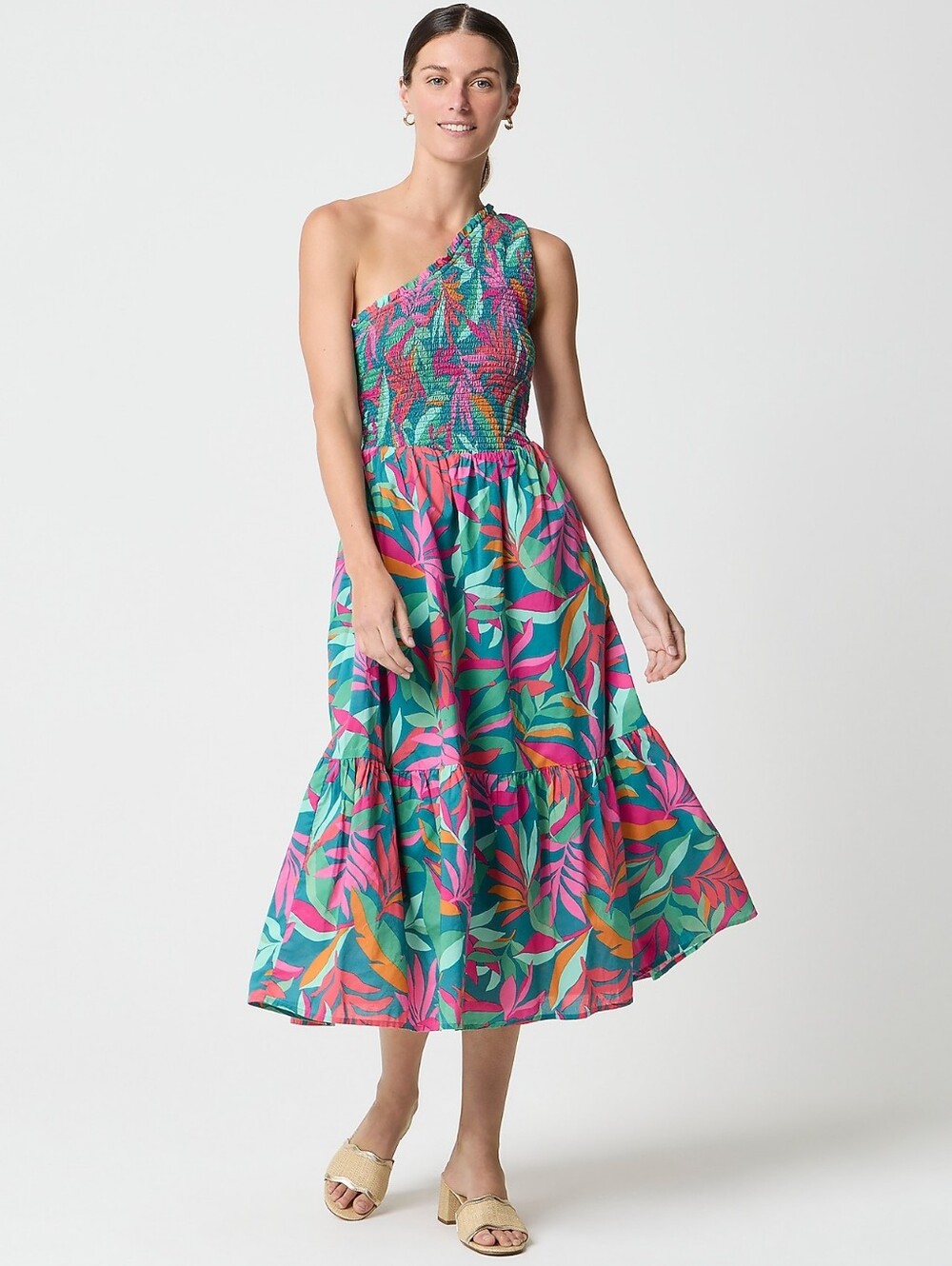 J.Crew Factory One-Shoulder Smocked Midi Dress - Vivid Jade Multi - XS
